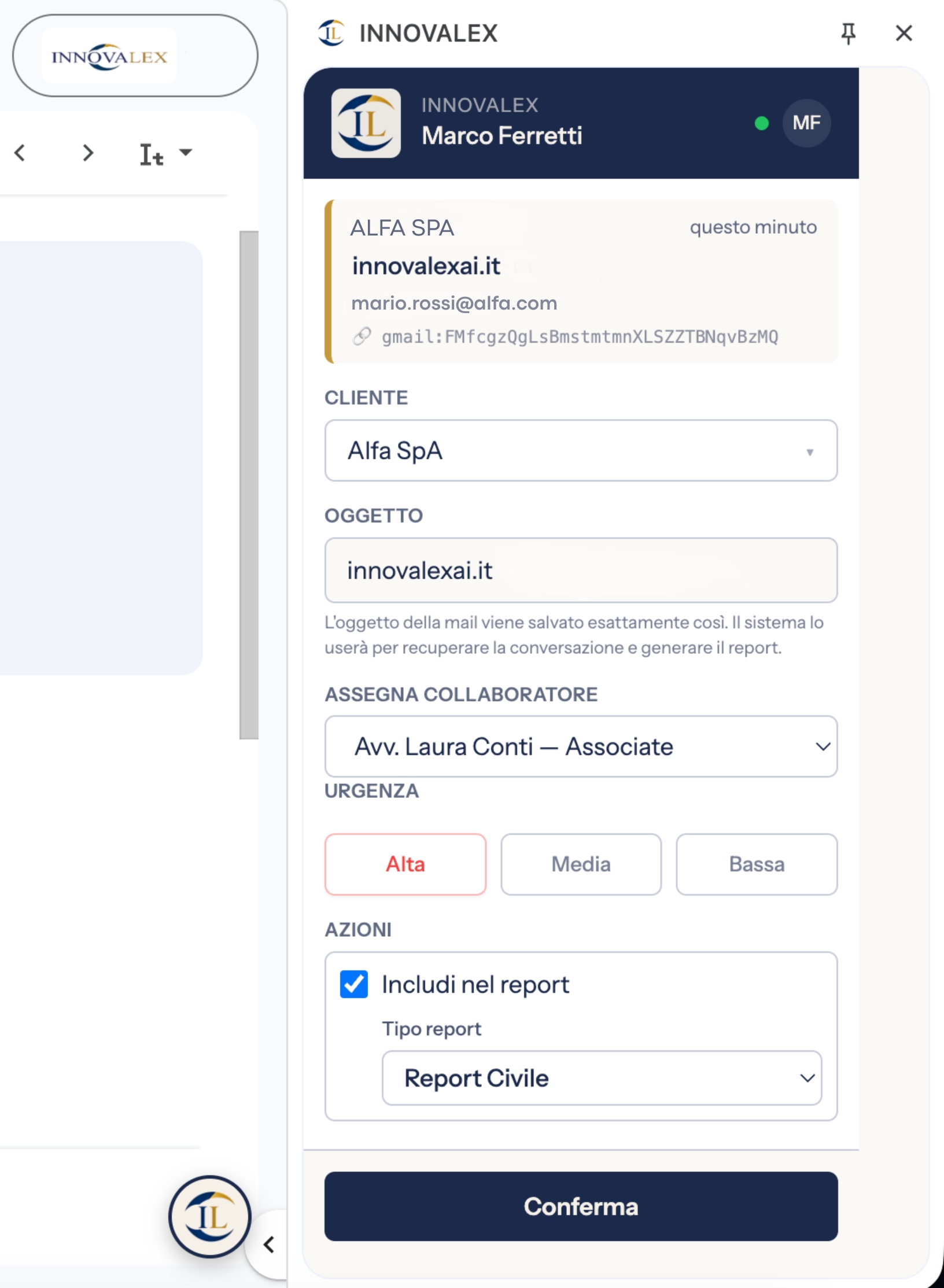 Pannello INNOVALEX integrato nella webmail